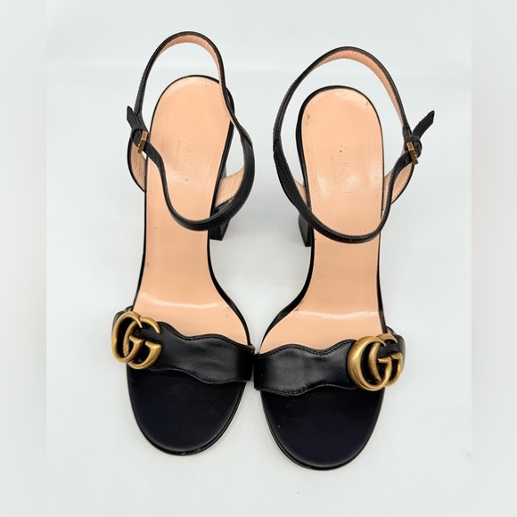 Gucci Black Leather Marmont GG logo Ankle strap block heel sandals EU 37.5 US7.5 - Picture 2 of 9